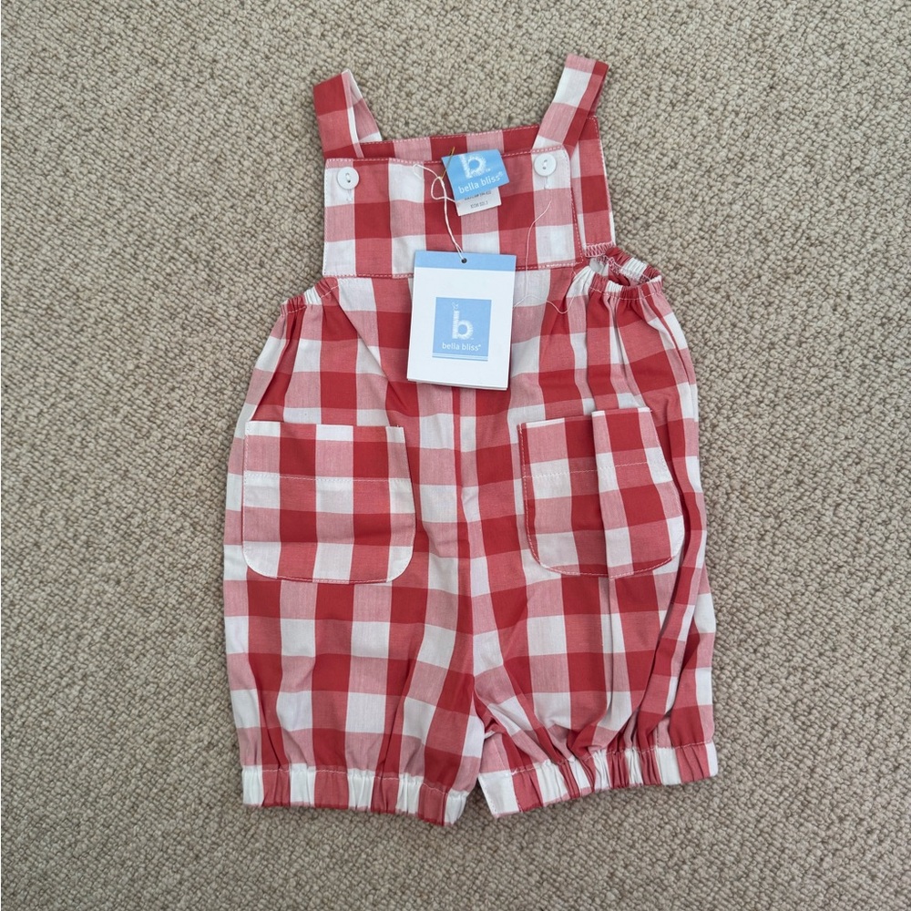 Bella bliss coral check Harrison romper 9 months NWT